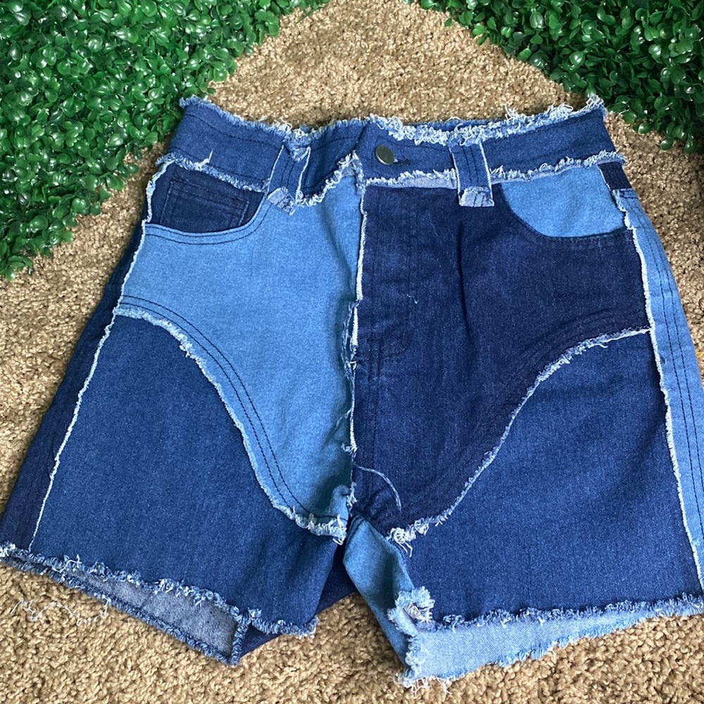 Distressed Patch Work Blue Jean Shorts